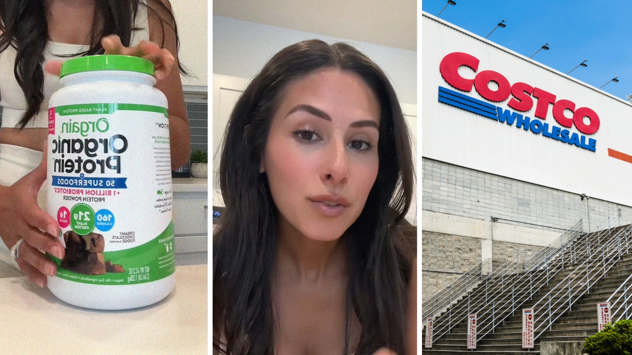 protein powder (l) woman shares purchase issue (c) Costco storefront (r)