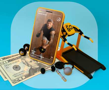 A smartphone with a workout app and some gym equipment around it.