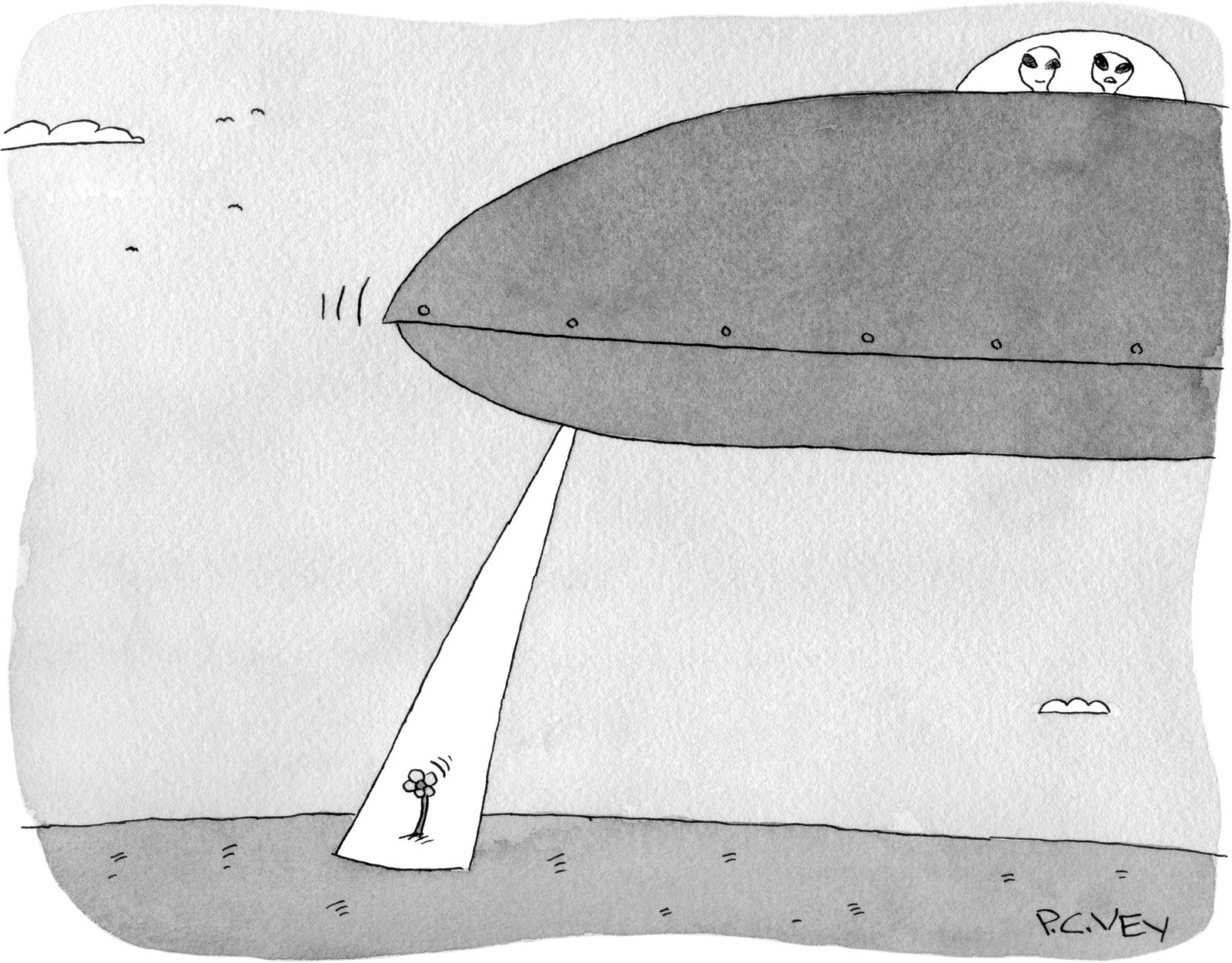 Two aliens in spaceship abducting a flower.