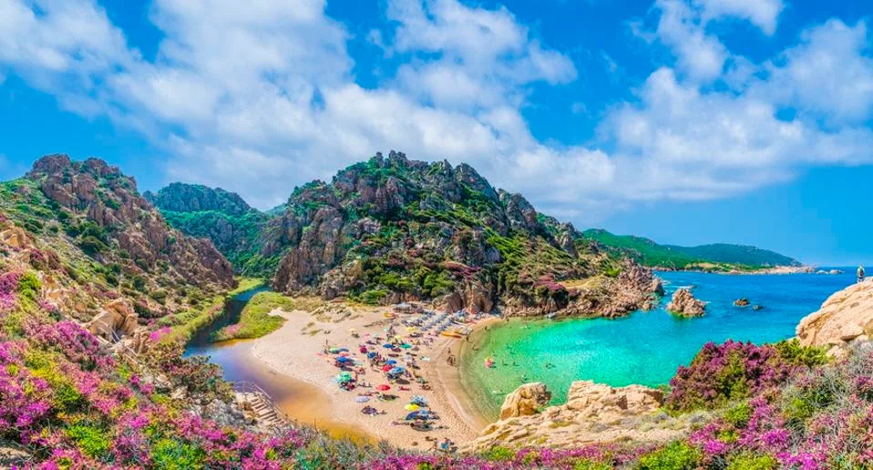 Landscape of Costa Paradiso, Sardinia with coastal beach with flowers & turquoise water