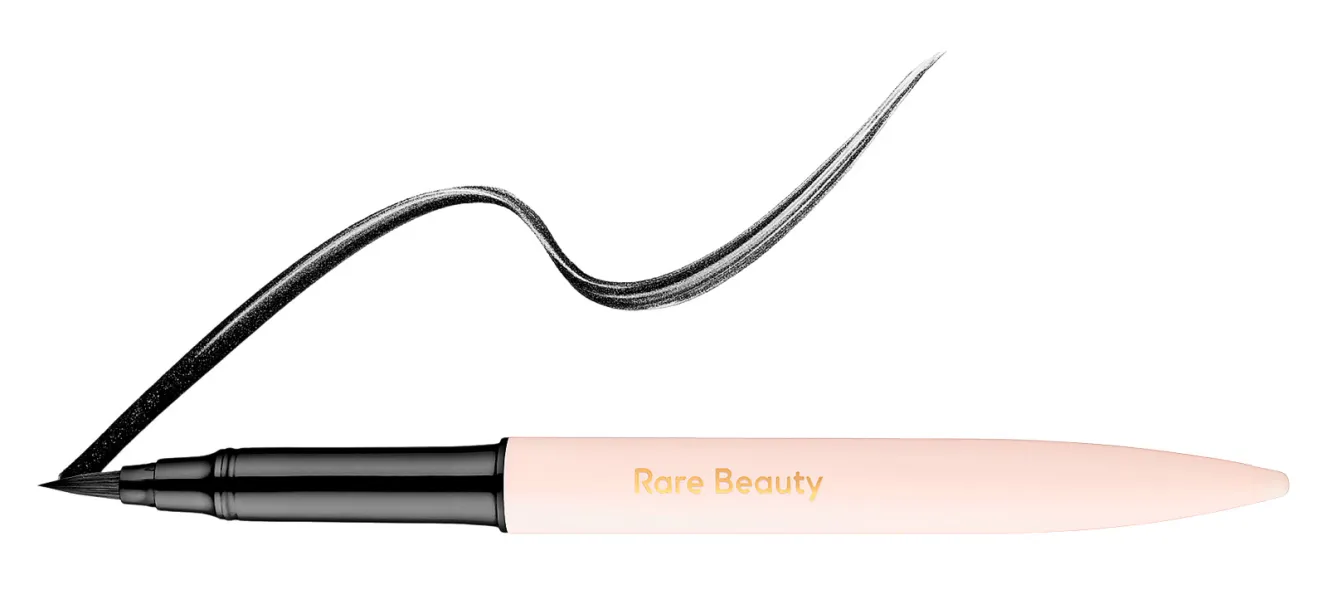 Rare Beauty eyeliner and a black swatch drawn on a white background.