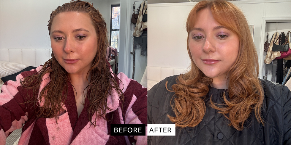 Before and after comparison of a hairstyling transformation