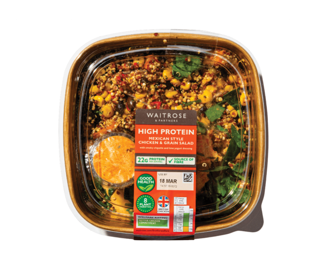 high protein mexican style chicken and grain salad in a plastic container