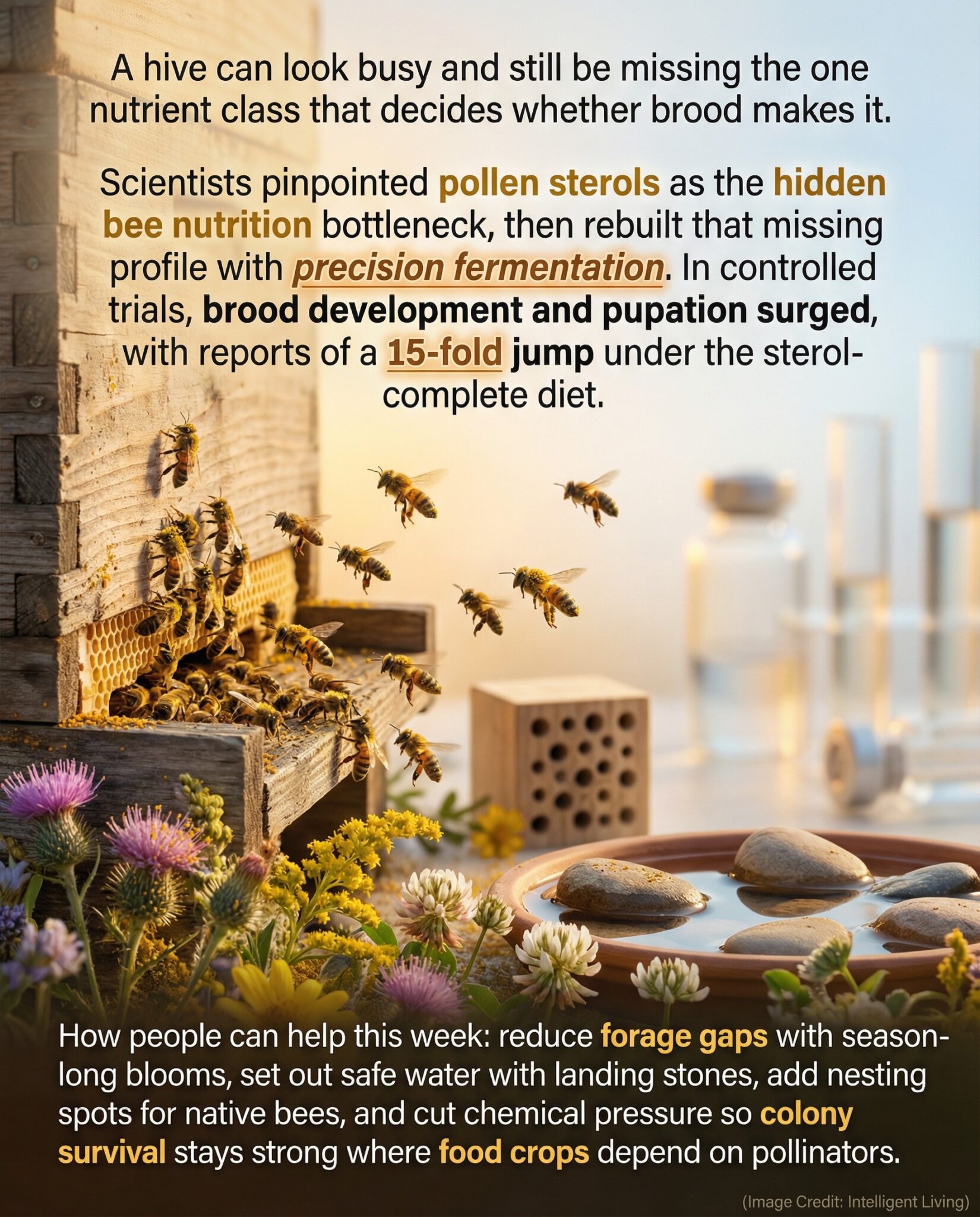 A cinematic hive-and-wildflower meme explaining how scientists fixed missing pollen sterols for bee nutrition, boosting brood survival, plus simple steps people can take to support pollinator health.