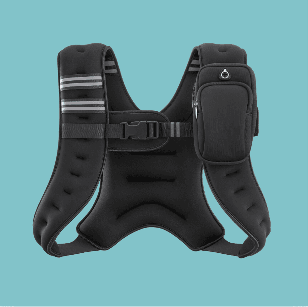 Black tactical vest with straps and a pouch, isolated on a teal background.