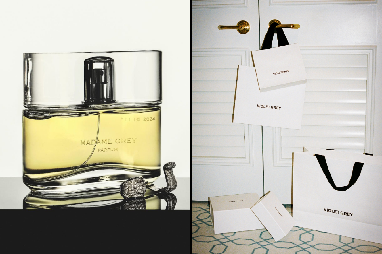 Collage of a Madame Grey perfume bottle with a jeweled ring and Violet Grey shopping bags.