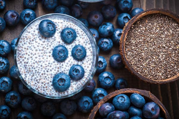 photo viewed from directly above of chia pudding in almond milk with blueberries, alongside two cocount shell halves, one holding dry chia seeds and the other blueberries