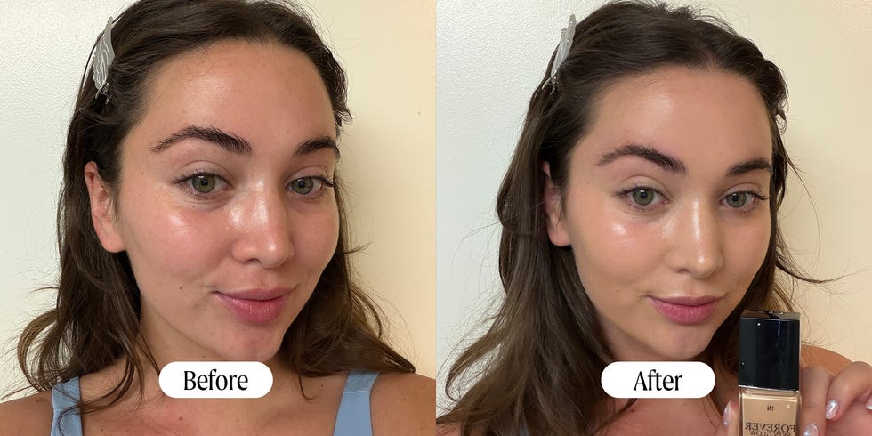 Comparison of a person's face before and after applying foundation. Comparison of a person's face before and after applying foundation.