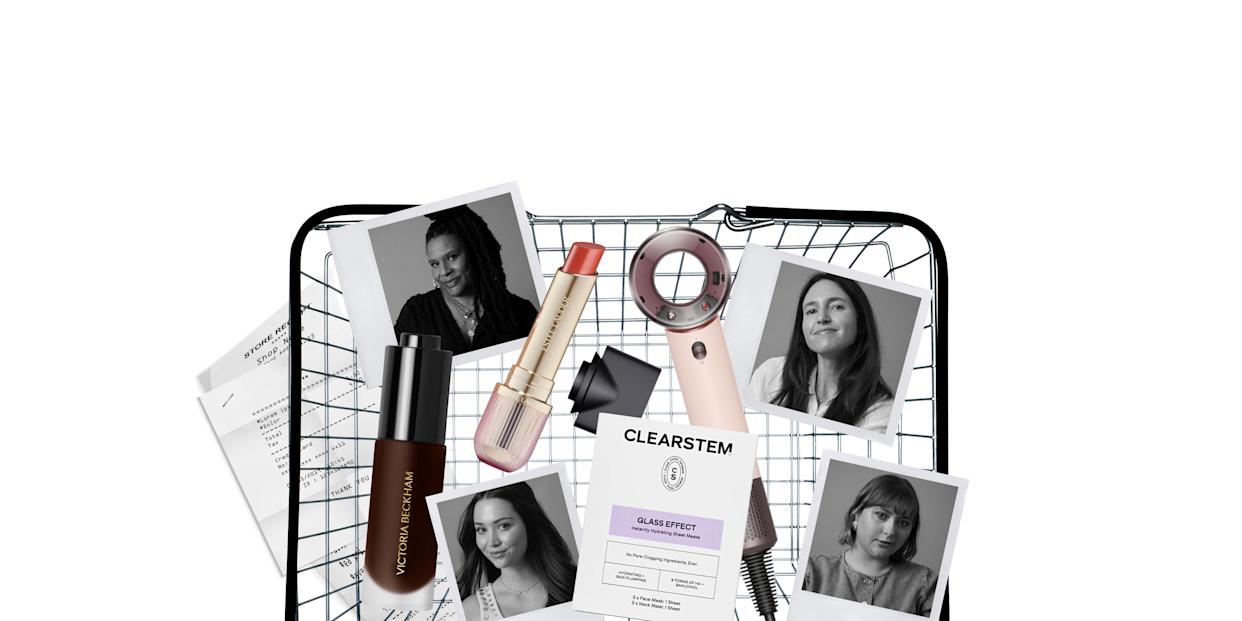 Beauty products and images arranged in a wire basket