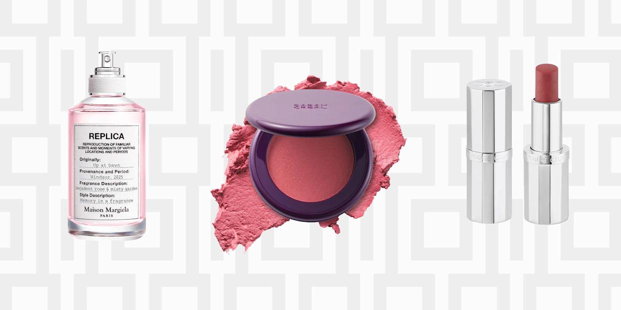 Cosmetics products including fragrance, blush, and lipstick.