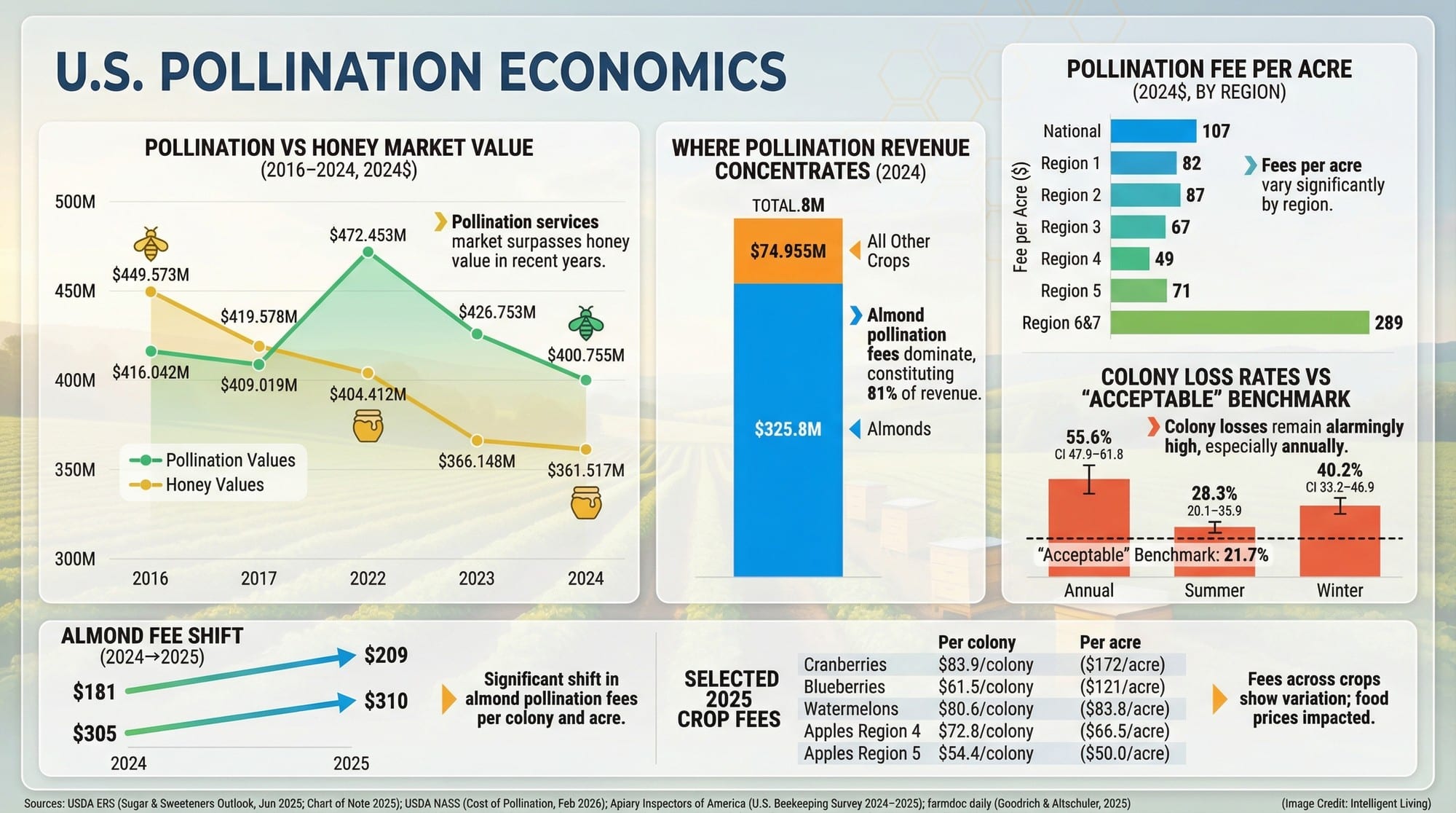A data visualization showing U.S. pollination services value, almond pollination dominance, colony loss rates by season, and regional pollination fee differences affecting food prices and farm economics.
