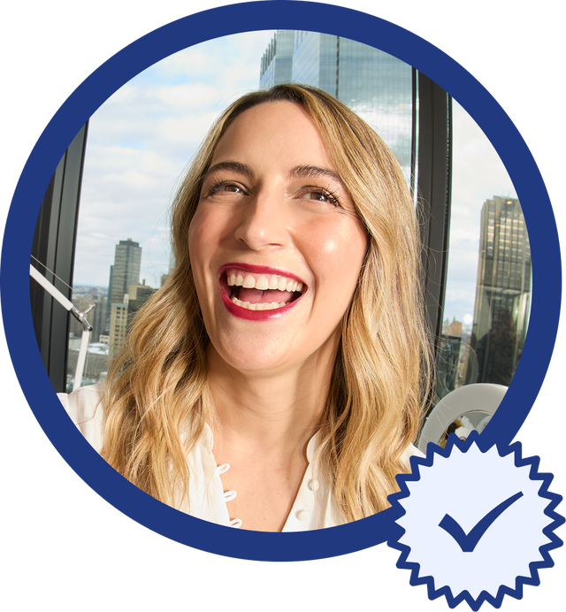 Circular badge with a blurred face and a city skyline in the background.