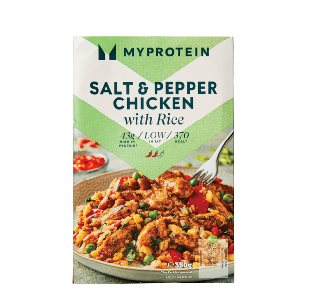 packaged meal featuring salt and pepper chicken with rice