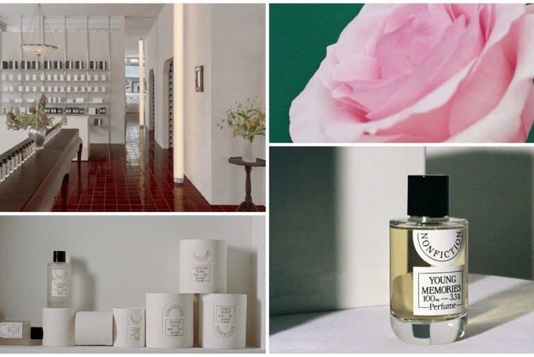 collage of nonfiction new york store with perfume bottles and candles