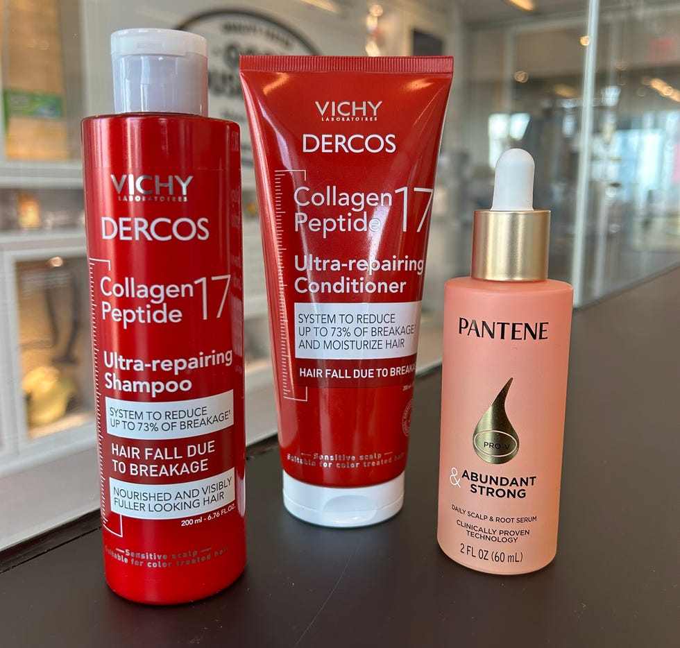 Hair care products including shampoo, conditioner, and scalp serum.