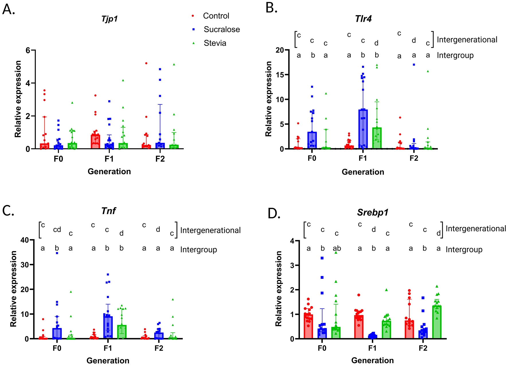 Four grouped bar graphs (panels A-D) display relative expression of genes Tjp1 (A), Tlr4 (B), Tnf (C), and Srebp1 (D) across three generations (F0, F1, F2). Each bar shows data for control (red), sucralose (blue), and stevia (green), with individual data points overlaid. Statistical comparisons are denoted with letters above bars indicating significant intergroup and intergenerational differences. Error bars represent variability within each group.