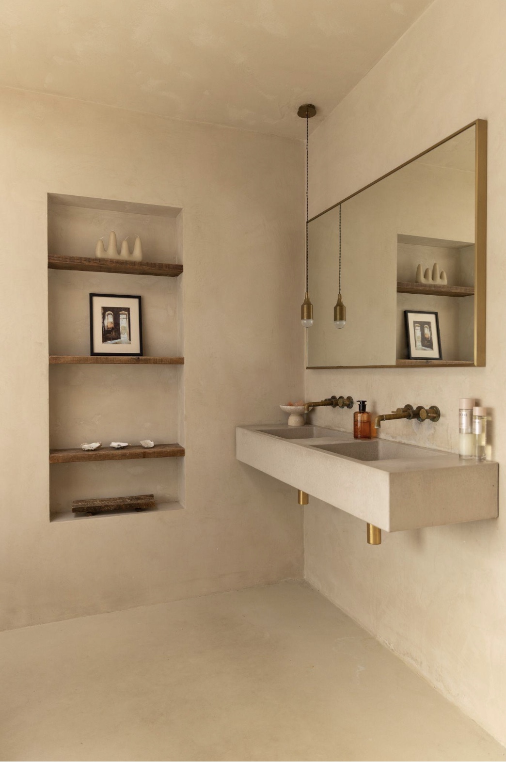 beige minimalist bathroom gold detail wood shelf