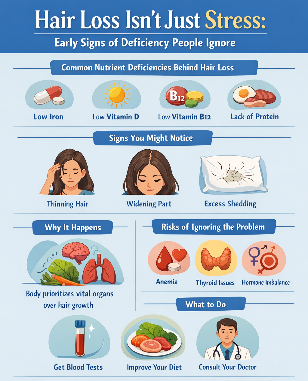 Early diagnosis through blood tests and proper treatment can reverse the condition effectively. Hair loss
