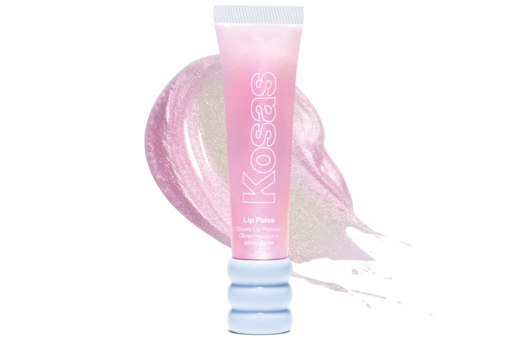 A pink Kosas Lip Pulse Glossy Lip Plumper tube with a blue textured base, beside a pink swatch of the product.