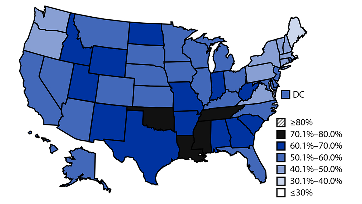 Map of United States with each state shaded based on sugar-sweetened beverage consumption.