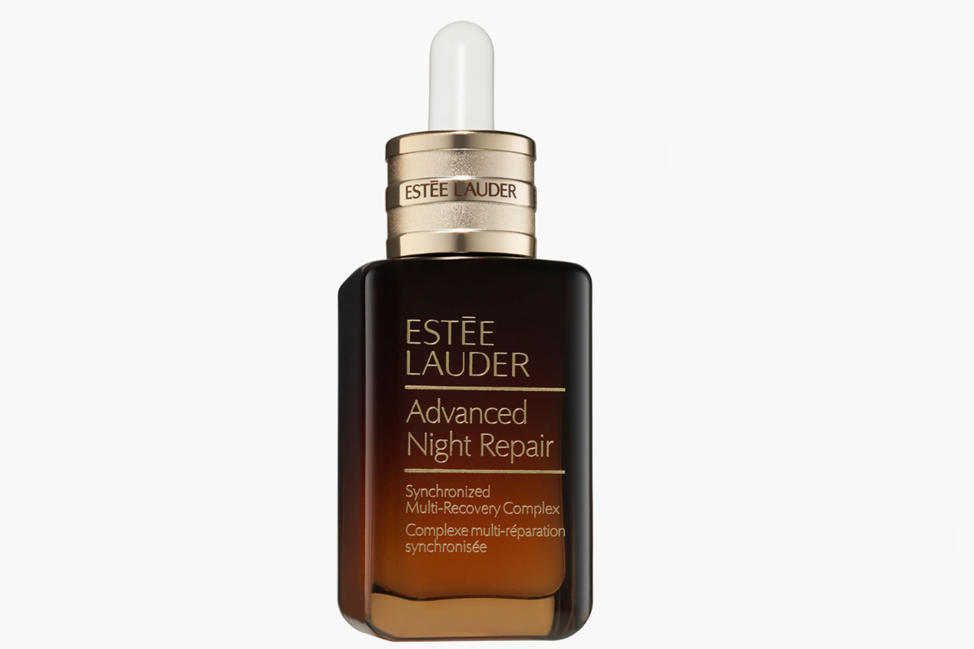 Estee Lauder Advanced Night Repair serum in a brown bottle with a dropper.