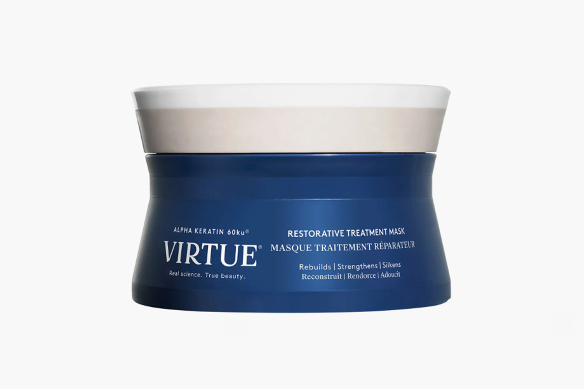 Virtue Restorative Treatment Mask in a navy blue jar with a light beige lid.