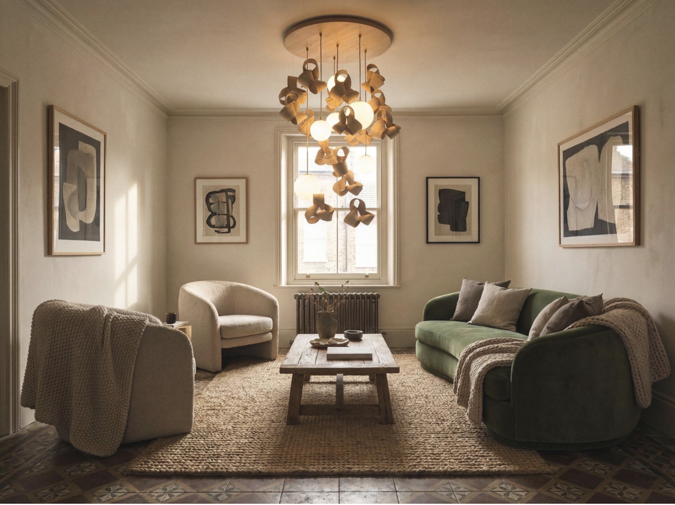 neutral living room with wooden chandelier