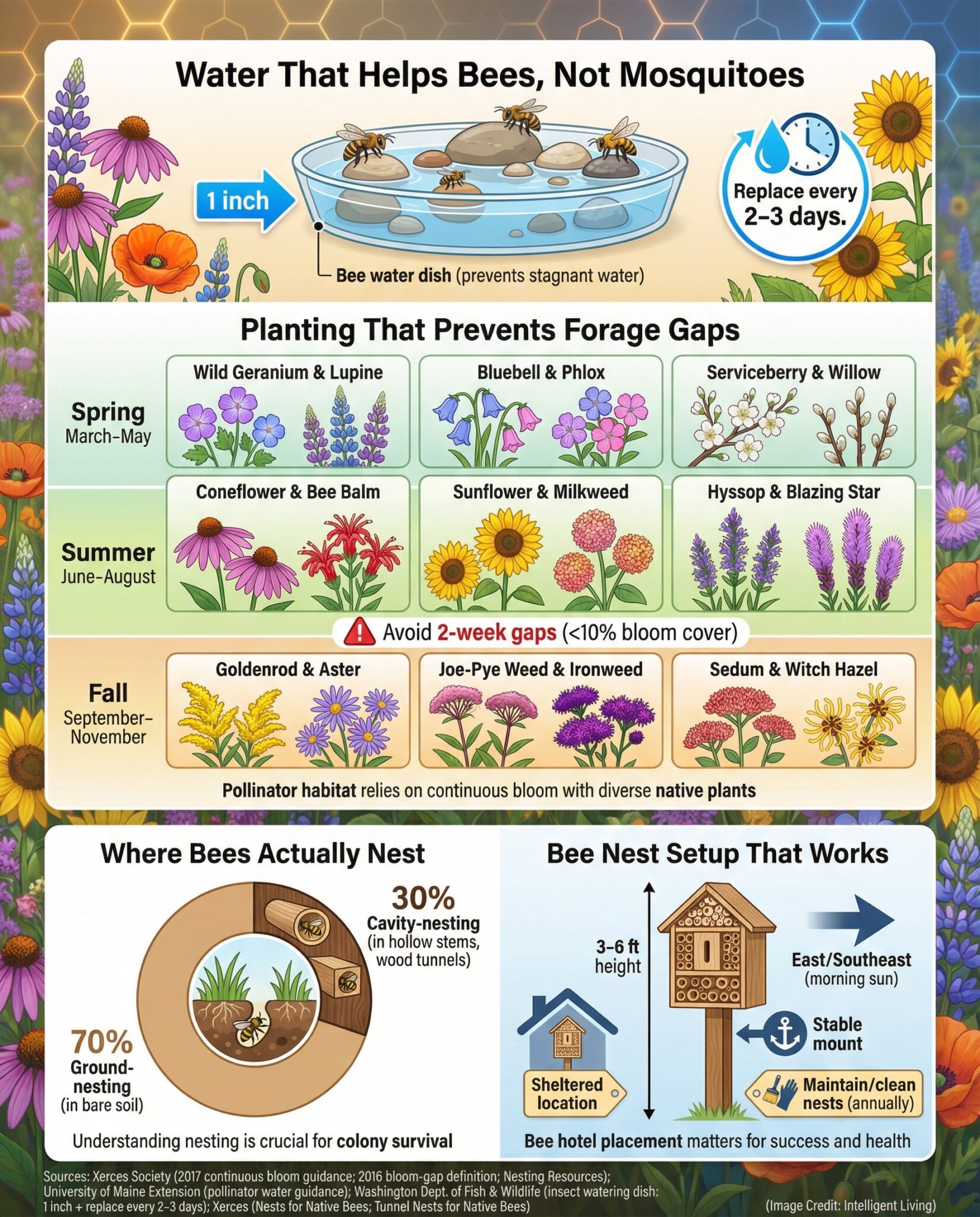 A practical, data-based visual showing how often to refresh bee water, how to prevent bloom gaps with nine plants across seasons, and how to place native bee nests for pollinator health.