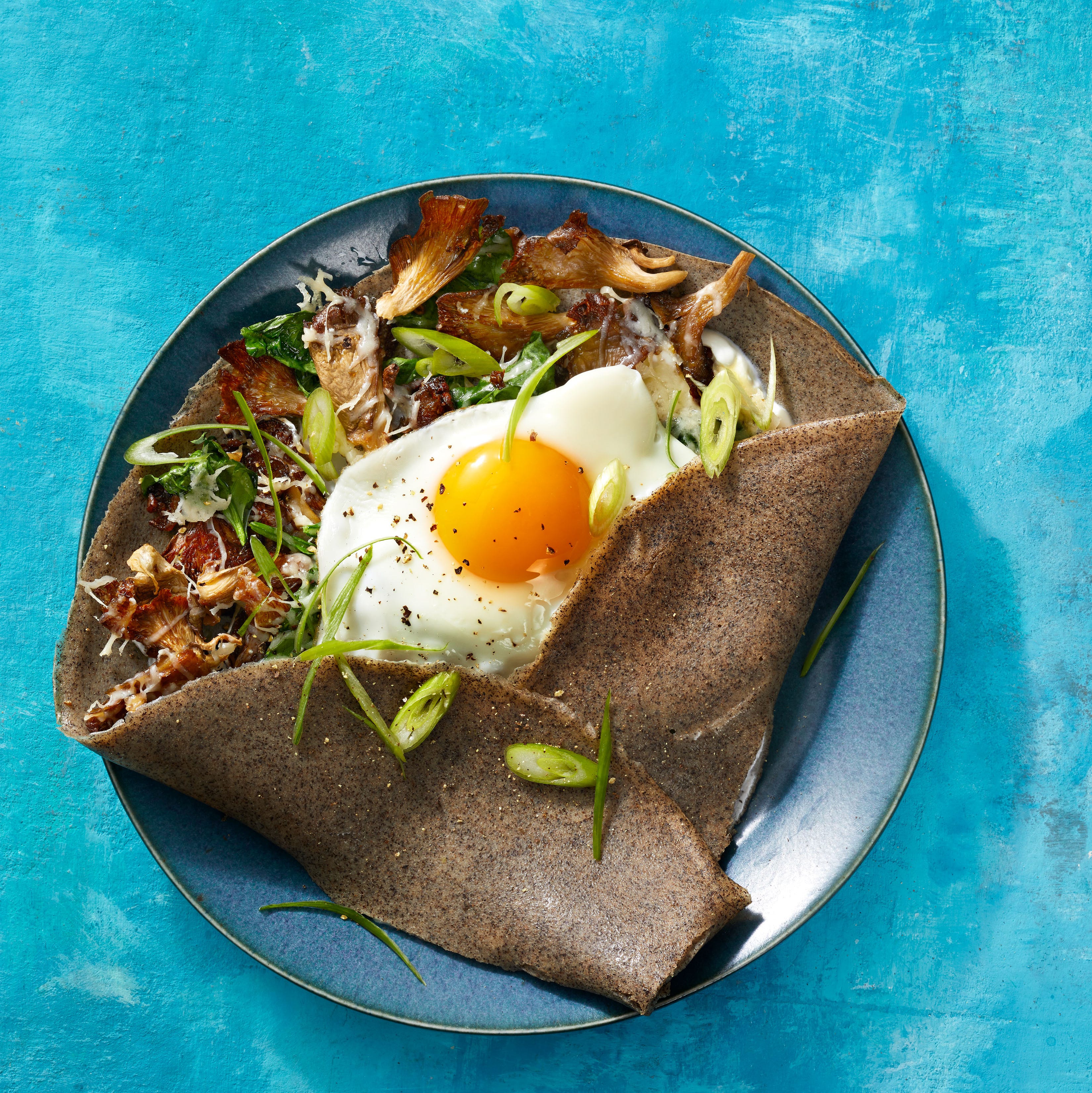 gruyere veggie crepes with fried eggs