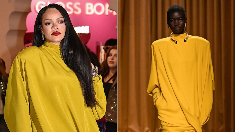 Rihanna in a Mugler fall 2026 look at a Fenty Beauty pop-up in Mumbai on Saturday. The mogul switched between this and a black croc-effect Alaïa fall 2026 dress to mark her brand's India expansion.