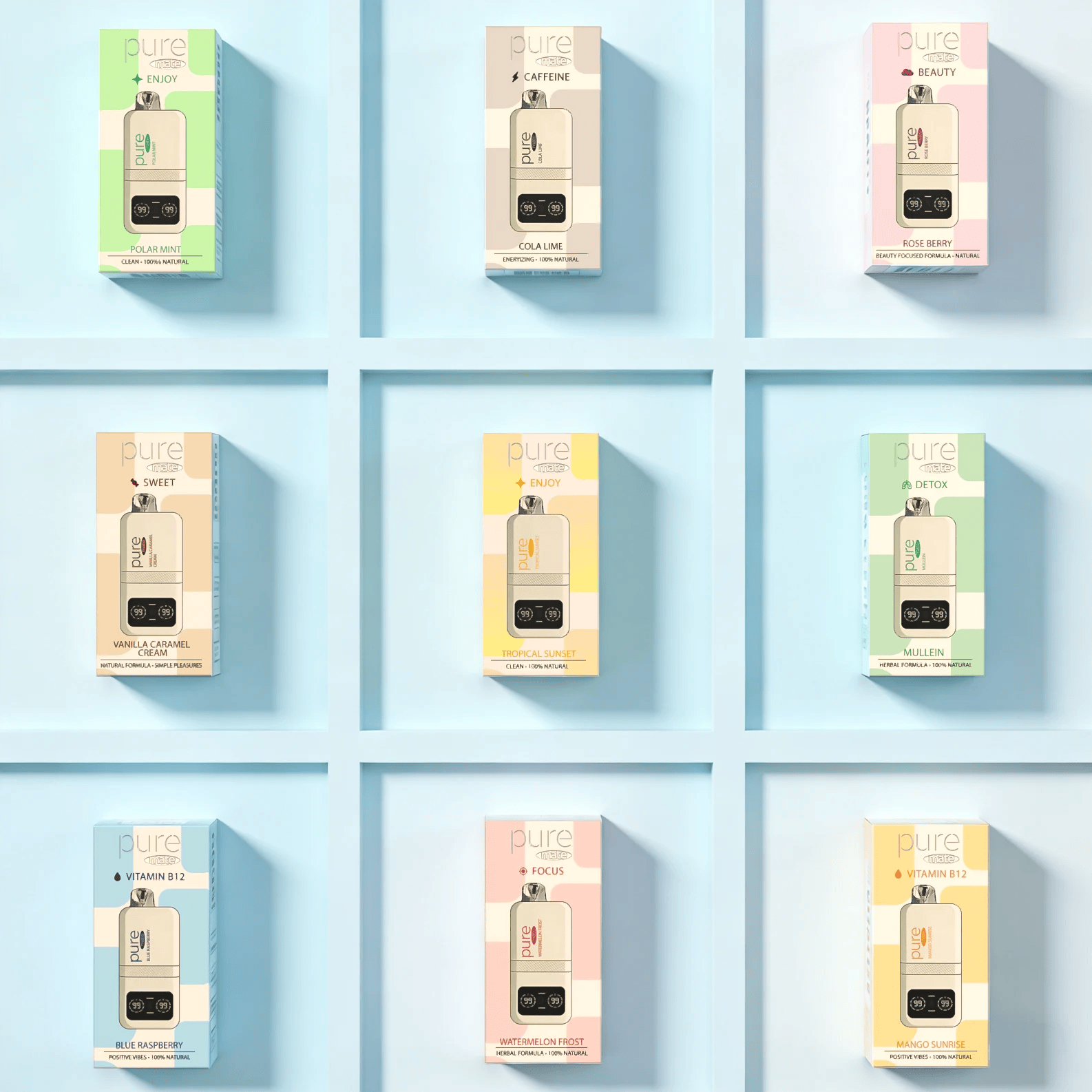 Pure Mate 10000 botanical diffuser with smart LCD screen and nine natural herbal flavors including Mullein and Vitamin B12.