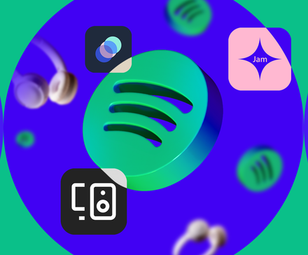 Spotify logo surrounded by icons for Blend, Jam, and Spotify Connect features.