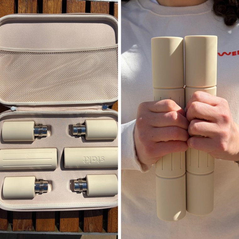 One photo of adjustable weights in case and another of woman holding weights in front of chest