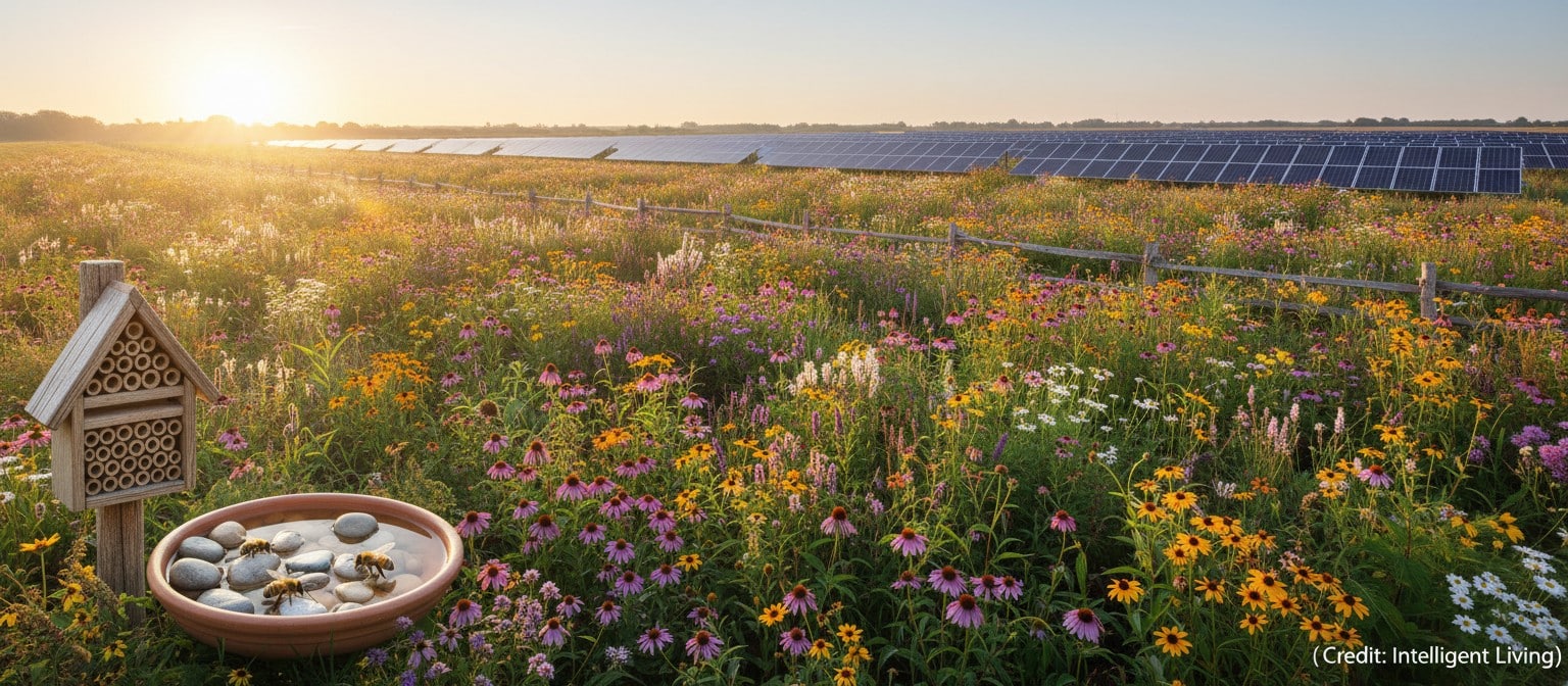 Wide cinematic ecosystem-resilience scene showing pollinator habitat actions, water station, flowers, nesting, and sustainable land management for bee health SEO.