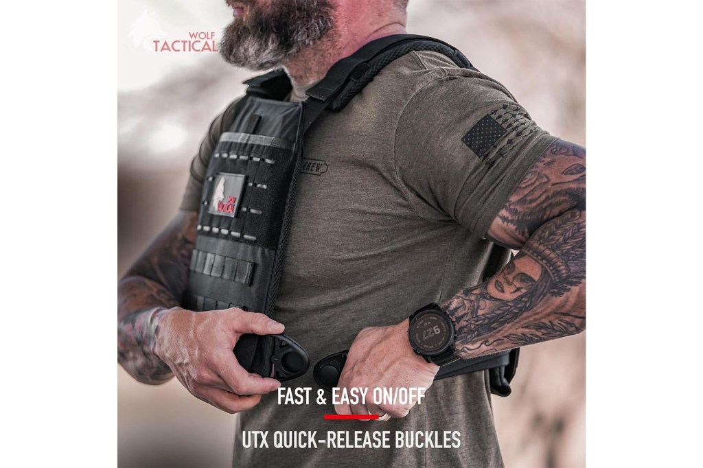A man demonstrates the UTX quick-release buckles of a tactical vest.