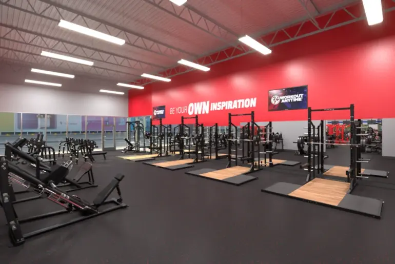 weightlifting platforms inside a Workout Anytime gym