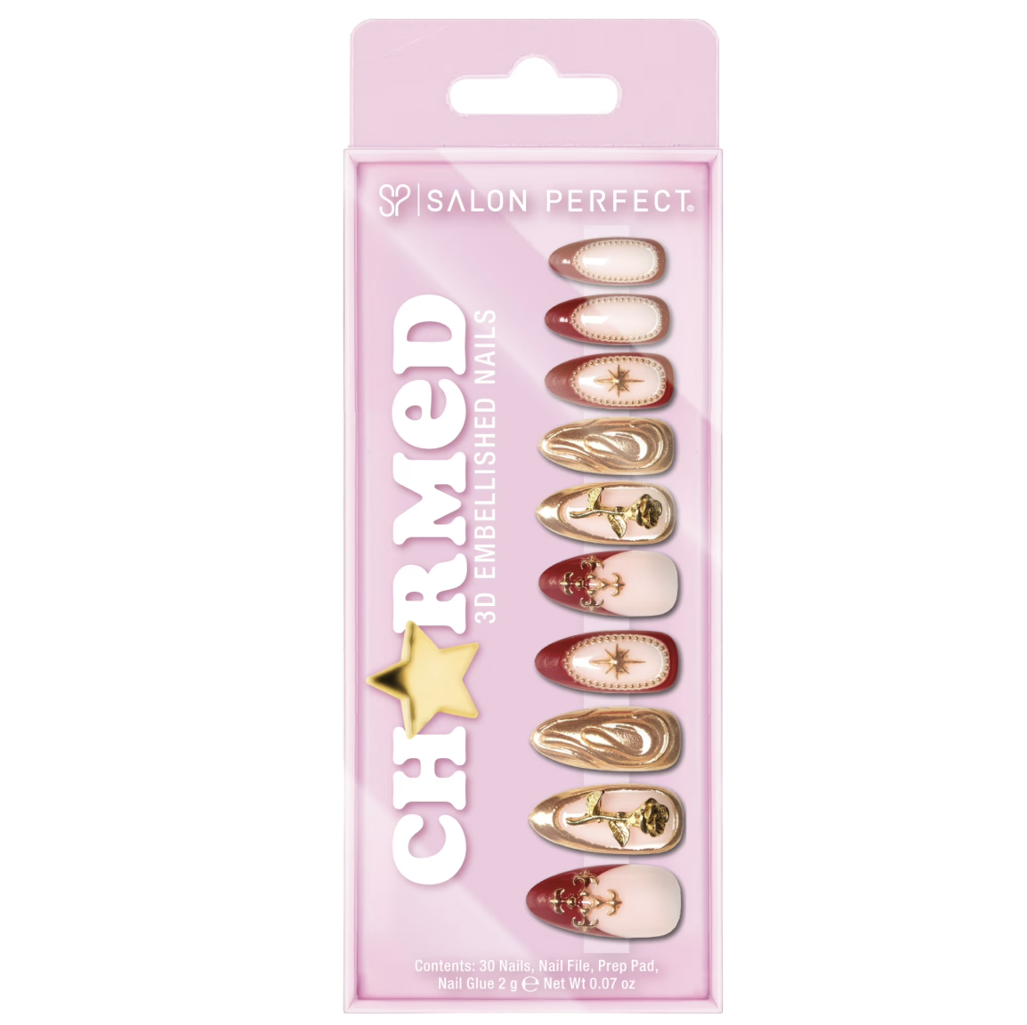 Salon Perfect, Salon Perfect Artificial Fake Press on Nails, 417 Charmed, Gold Rose, Medium Almond, File, Glue, and Prep Pad Included, 30 Nails