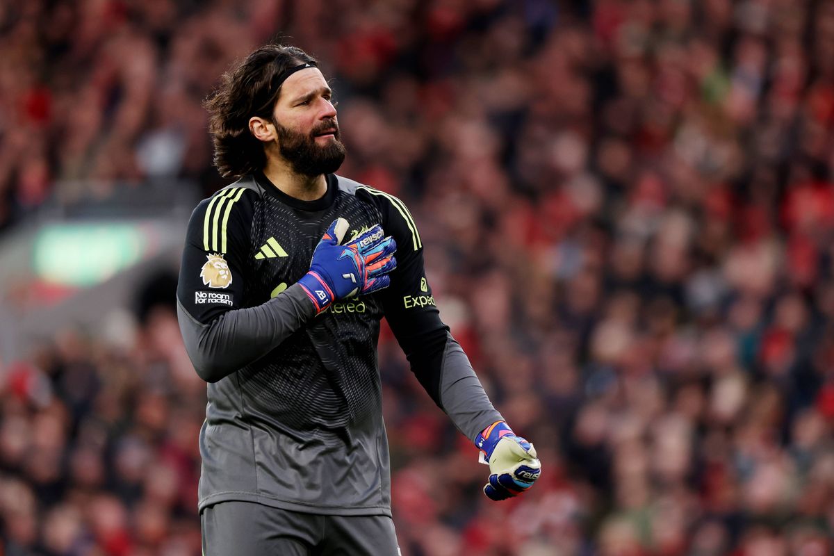 LIVERPOOL, ENGLAND - MARCH 15: (THE SUN OUT, THE SUN ON SUNDAY OUT) Alisson Becker of Liverpool reacts during the Premier League match between Liverpool and Tottenham Hotspur at Anfield on March 15, 2026 in Liverpool, England. (Photo by Liverpool FC/Liverpool FC via Getty Images)