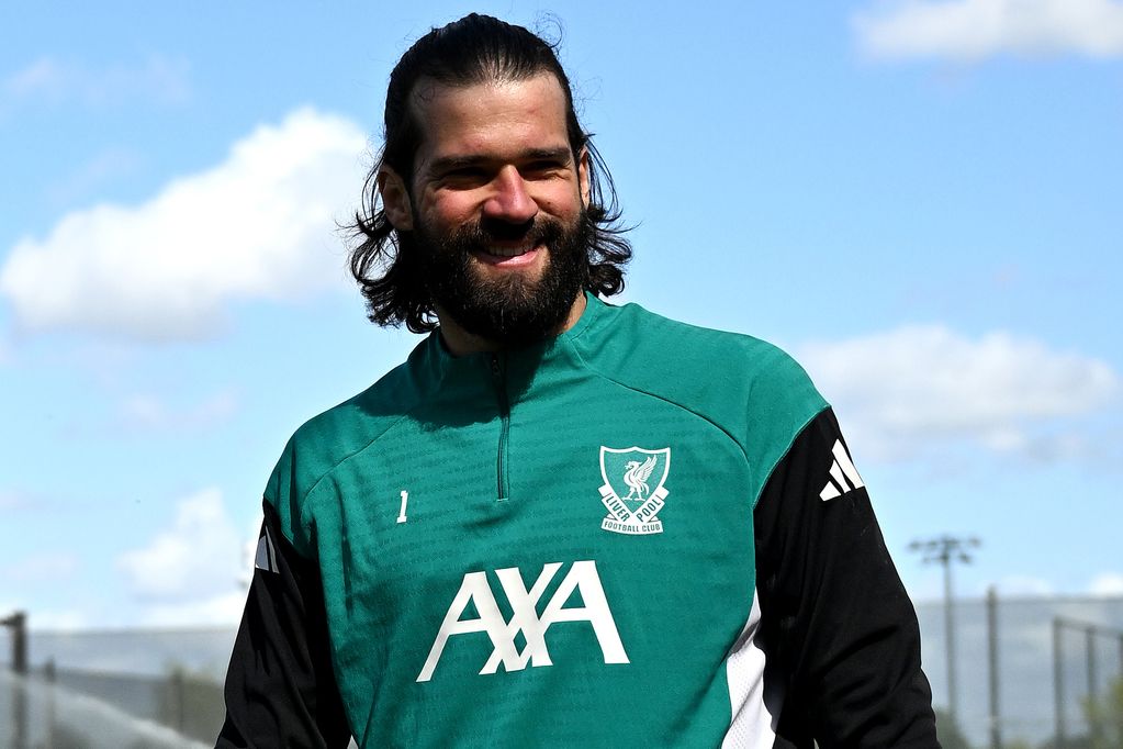 Alisson Becker of Liverpool during a training session at AXA Training Centre on April 13, 2026 in Kirkby, England