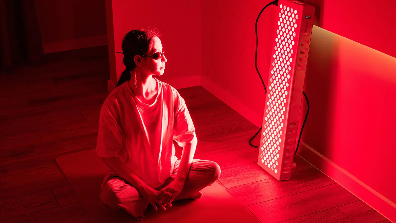 A photo of a woman sitting on the floor next to a red light therapy device in her home.