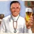 An illustration of a smiling doctor in a white coat with a stethoscope around his neck, holding up a tall glass of beer in an office with a desk, books, and a cigar.