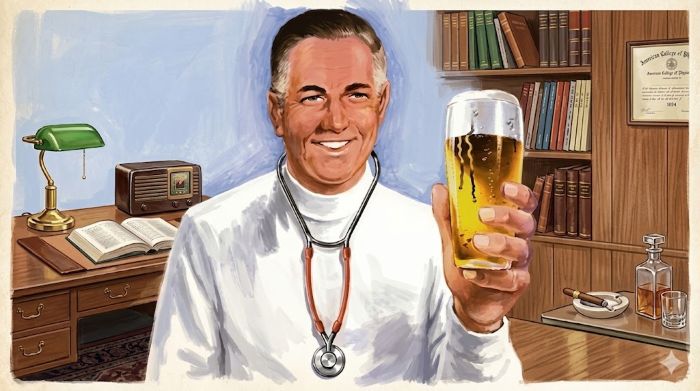 An illustration of a smiling doctor in a white coat with a stethoscope around his neck, holding up a tall glass of beer in an office with a desk, books, and a cigar.