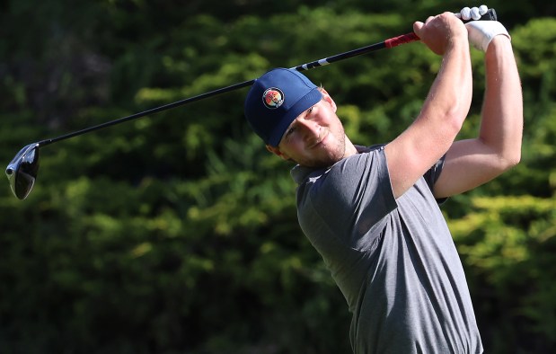 Brant Schenk, of Santa Cruz, hits his tee shot on the second hole at U.S. Open Local Qualifying at Pasatiempo Golf Club on Wednesday. (Shmuel Thaler - Santa Cruz Sentinel)
