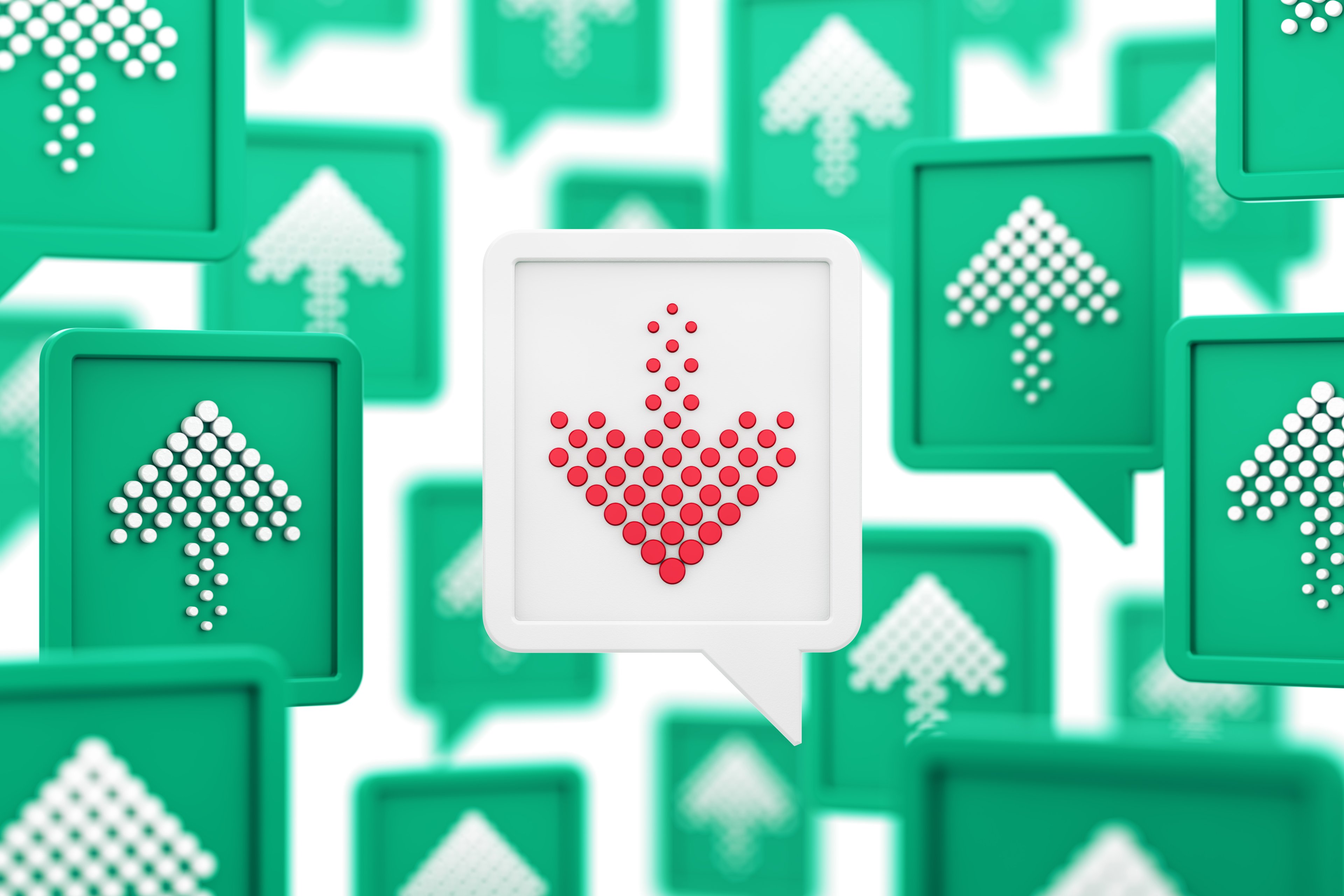 A white block with a red arrow pointing down, sits at the center of numerous green blocks with white arrows pointing up.