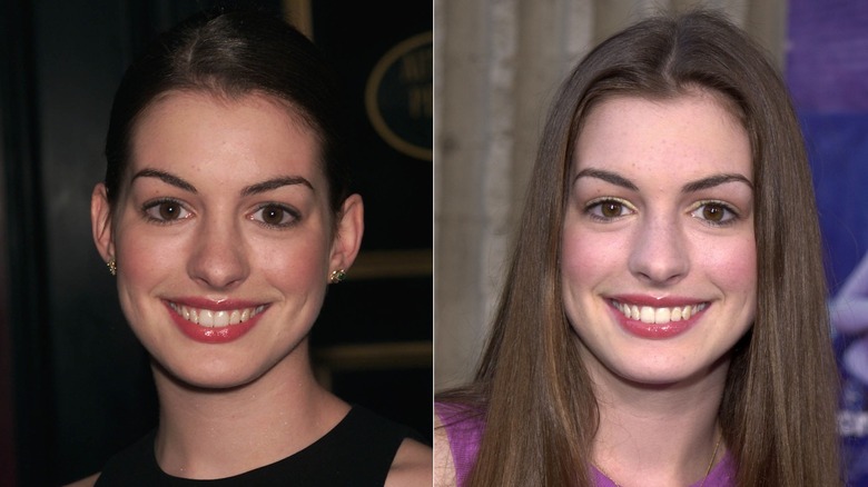 Anne Hathaway smiling on two red carpets in 2001, side by side photos