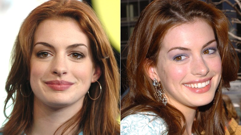 Anne Hathaway posing with caramel tined hair in 2004, side by side photos