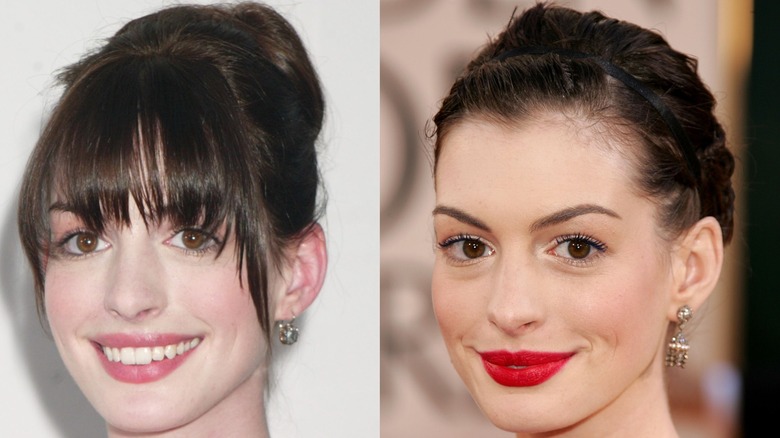 Split image of Anne Hathaway with bangs at the 2005 Tony Awards on the left and with red lips and an updo at the 2006 Golden Globes on the right.