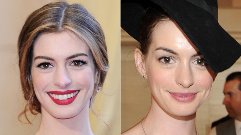 Anne Hathaway at the 2011 Oscars with red lipstick and in a black hat with dewy foundation in 2011, side by side photos