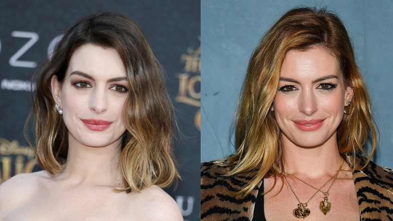 Split image of Anne Hathaway on a red carpet in 2016 on the left and wearing a tiger print jacket on the right.