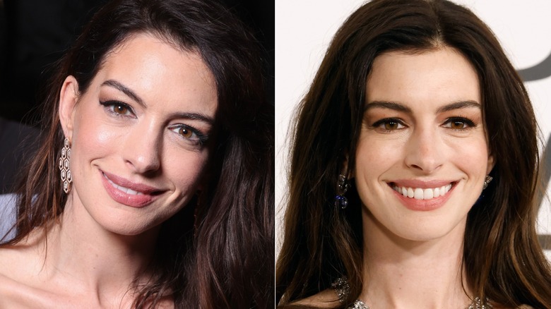 Anne Hathaway smiling with taut skin at two 2023 events, side by side photos